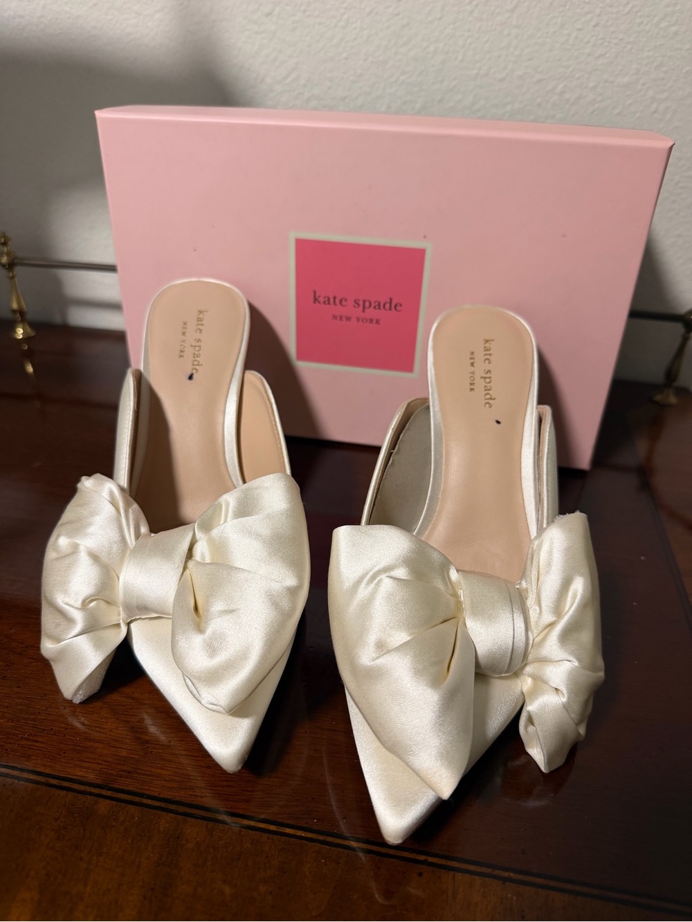 kate spade Ivory White Satin Pointed Bow Slip-On Heels Bridal Wedding